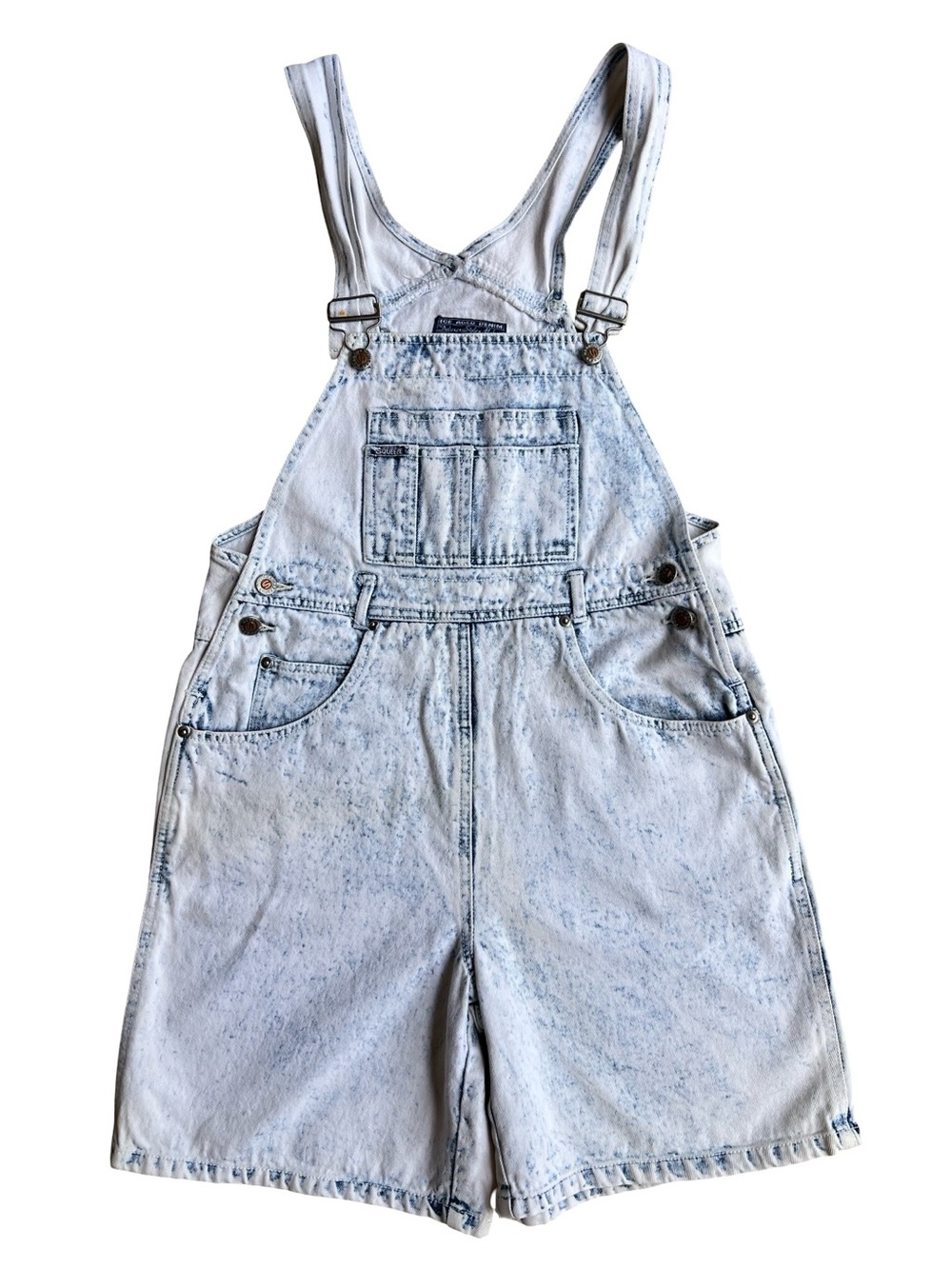 VTG 90s SQUEEZE Acid Wash Denim Jean Shortalls M Hong Kong Y2K 7” Inseam Grunge